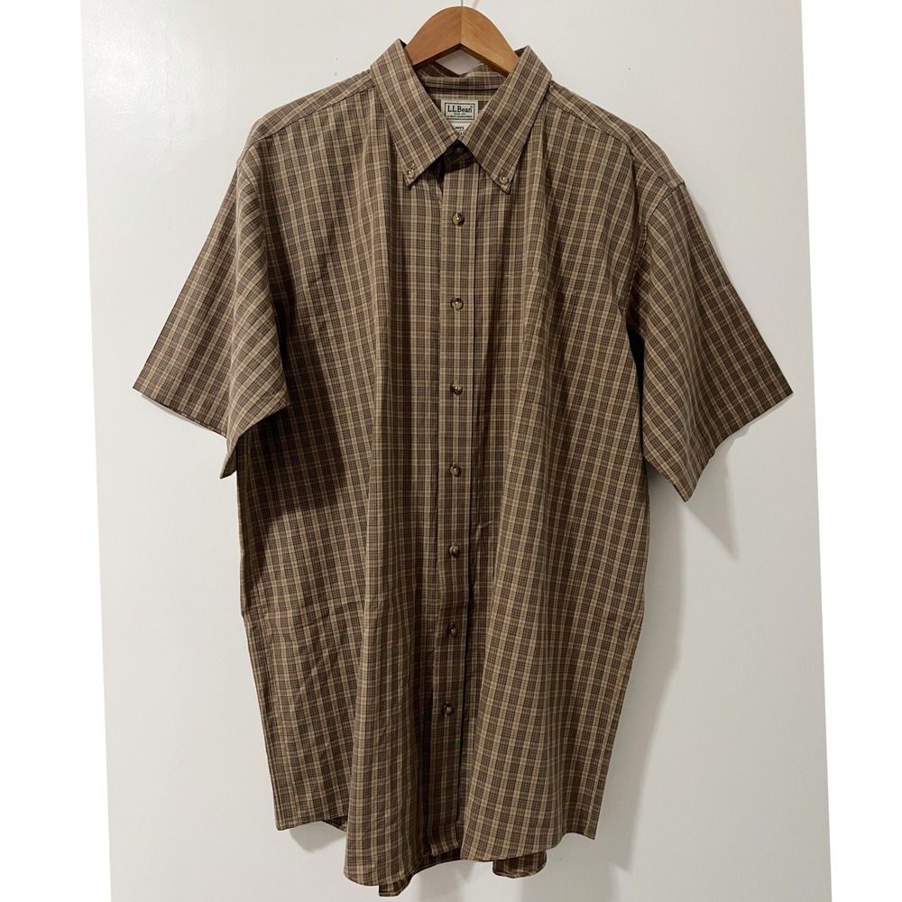 LL Bean Mens XL Tall Brown Plaid Short Sleeve Cotton Button Down Shirt
